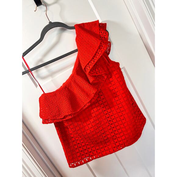 J. Crew Women's Eyelet One Shoulder Ruffle Blouse Top Boho Bohemian Red Size 6 - Picture 7 of 12